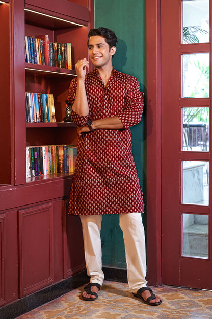 The Crimson Red Long Kurta With Butti Print