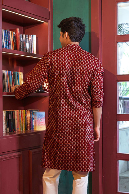 The Crimson Red Long Kurta With Butti Print