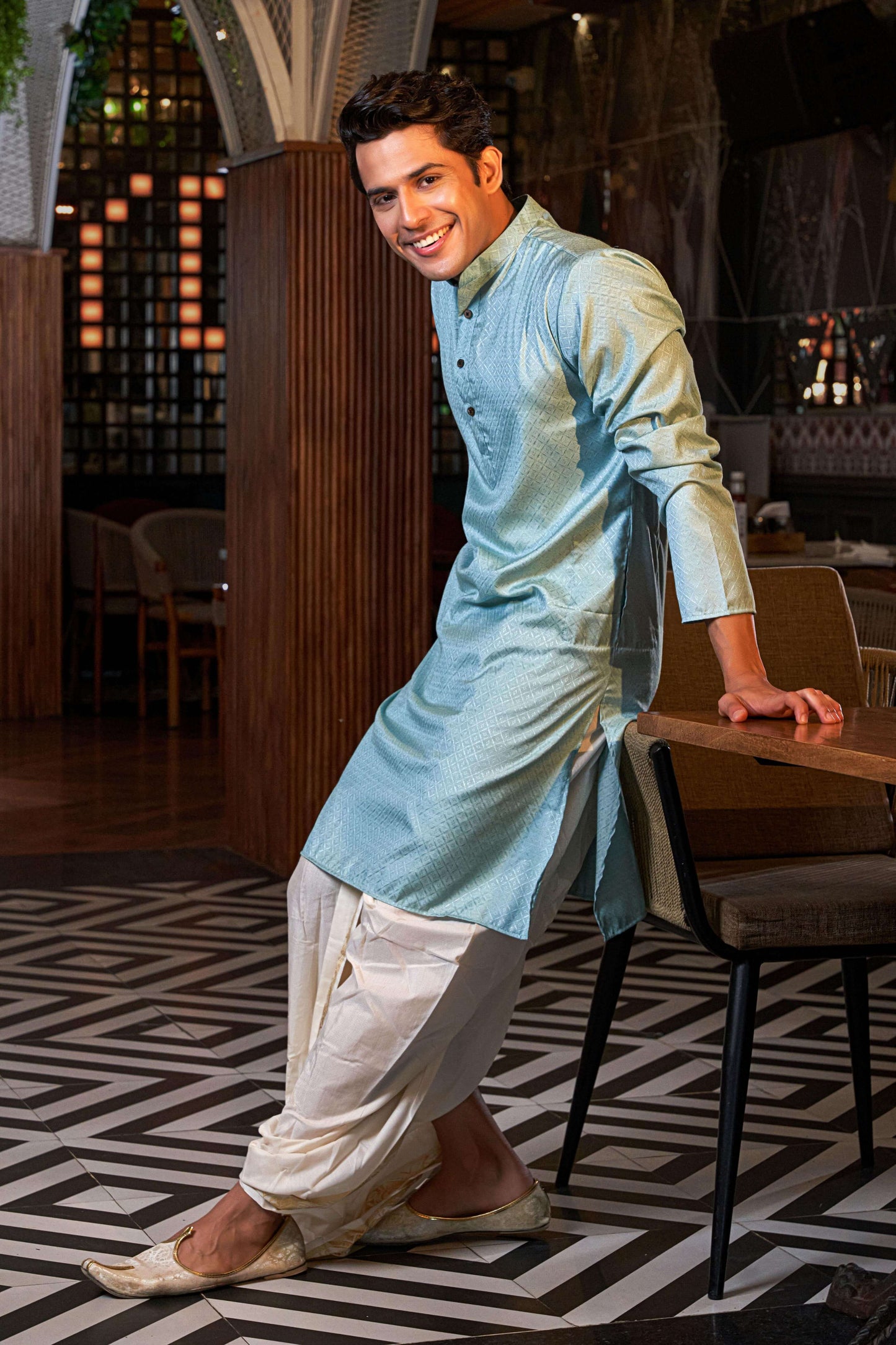 The Tiffany Blue Long Kurta with Geometric Self Work