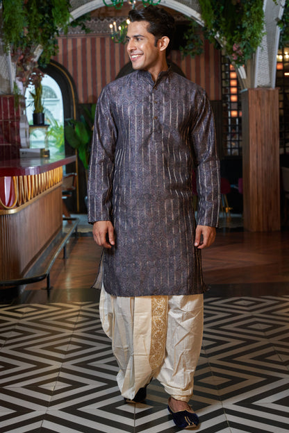 The Plum Purple Color Long Kurta with Golden Zari Stripe and Paisley Print