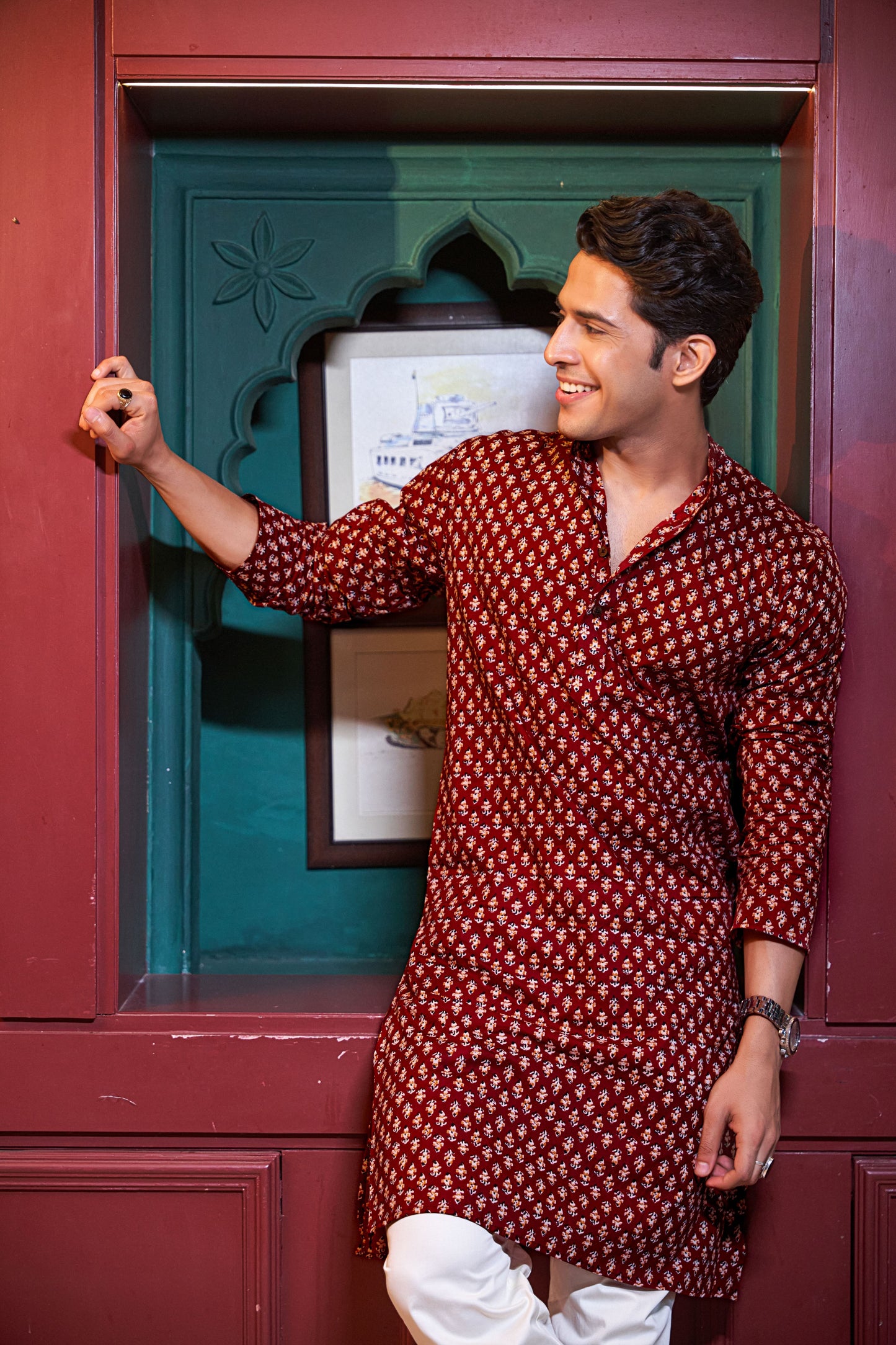 The Crimson Red Long Kurta With Butti Print