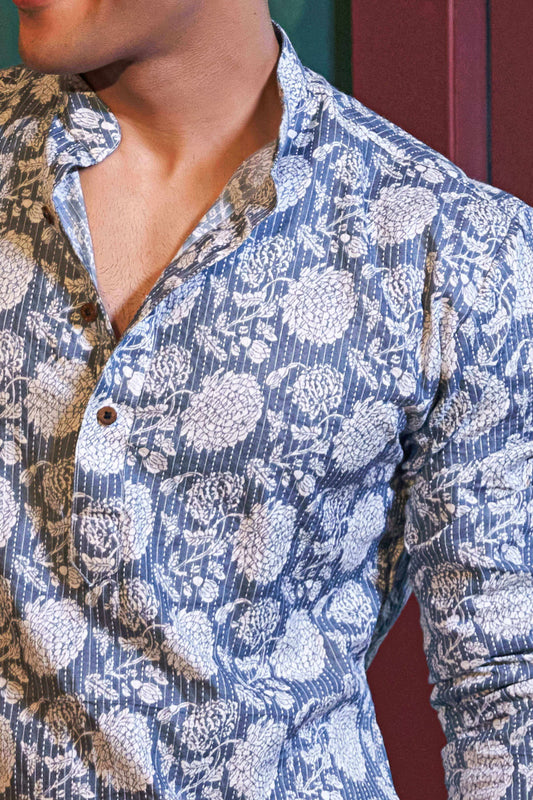 The Ice Blue Kantha Work Long Kurta with Flower Print