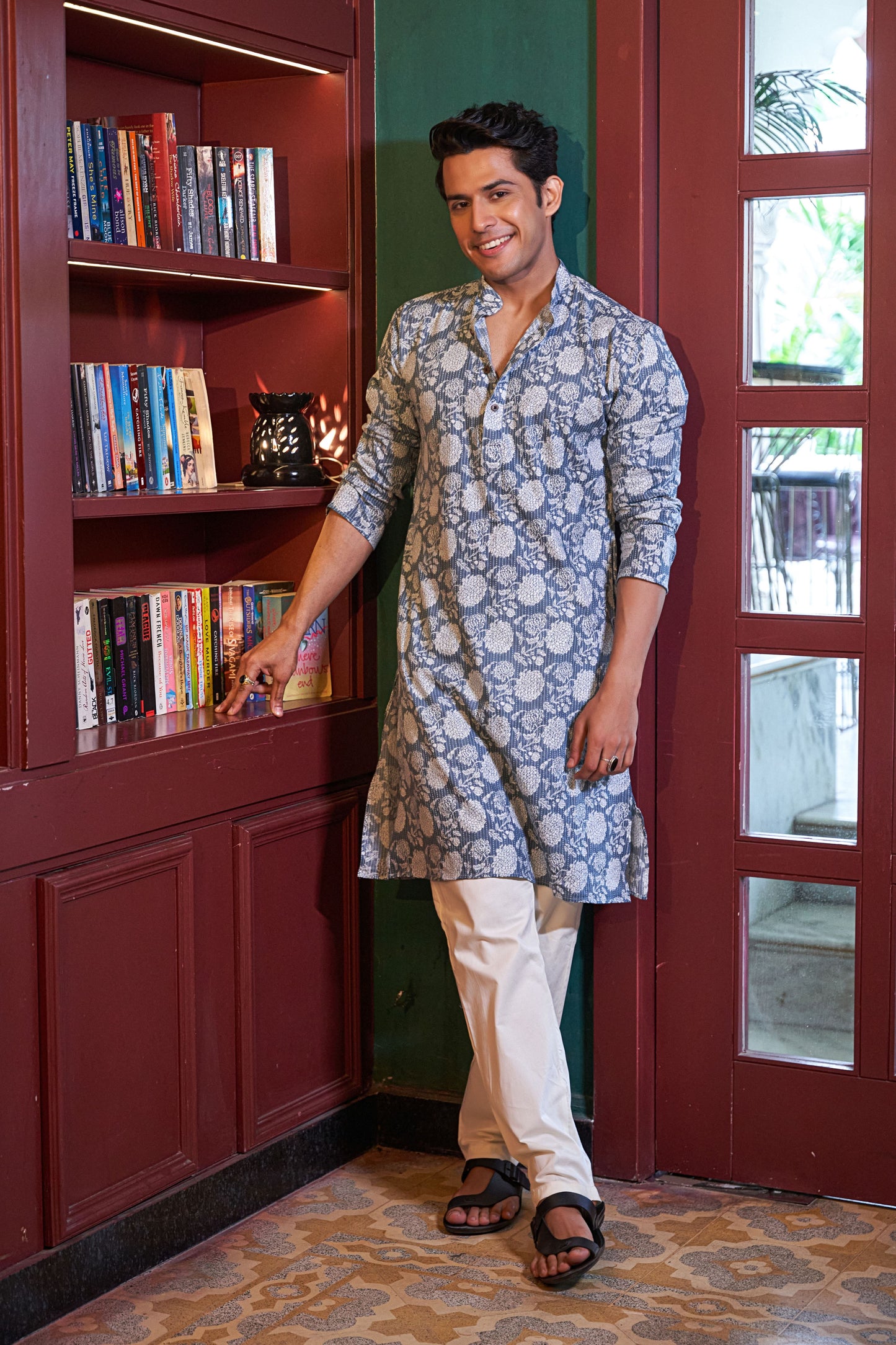 The Ice Blue Kantha Work Long Kurta with Flower Print