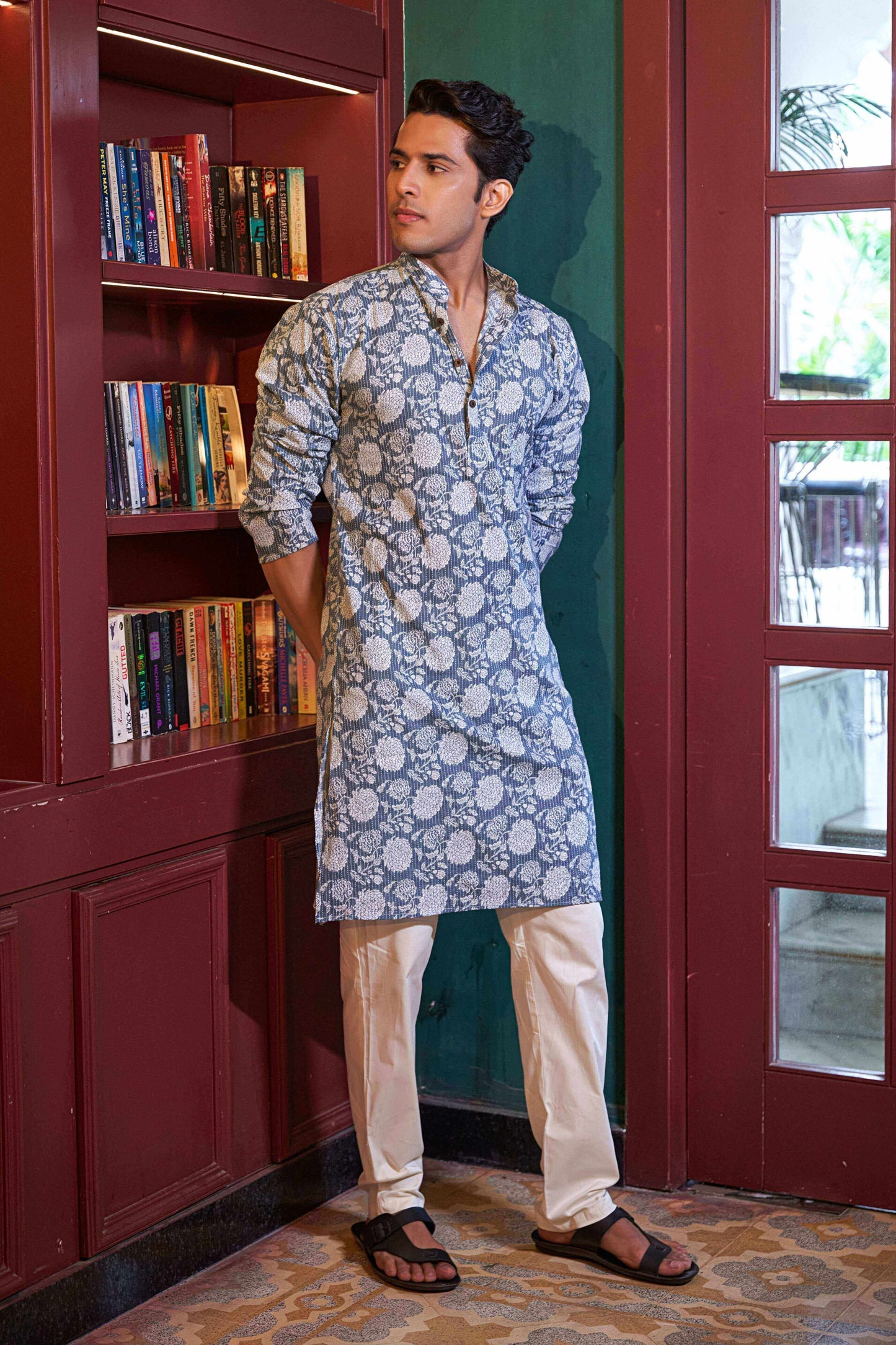 The Ice Blue Kantha Work Long Kurta with Flower Print