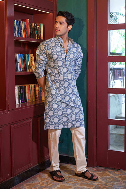 The Ice Blue Kantha Work Long Kurta with Flower Print