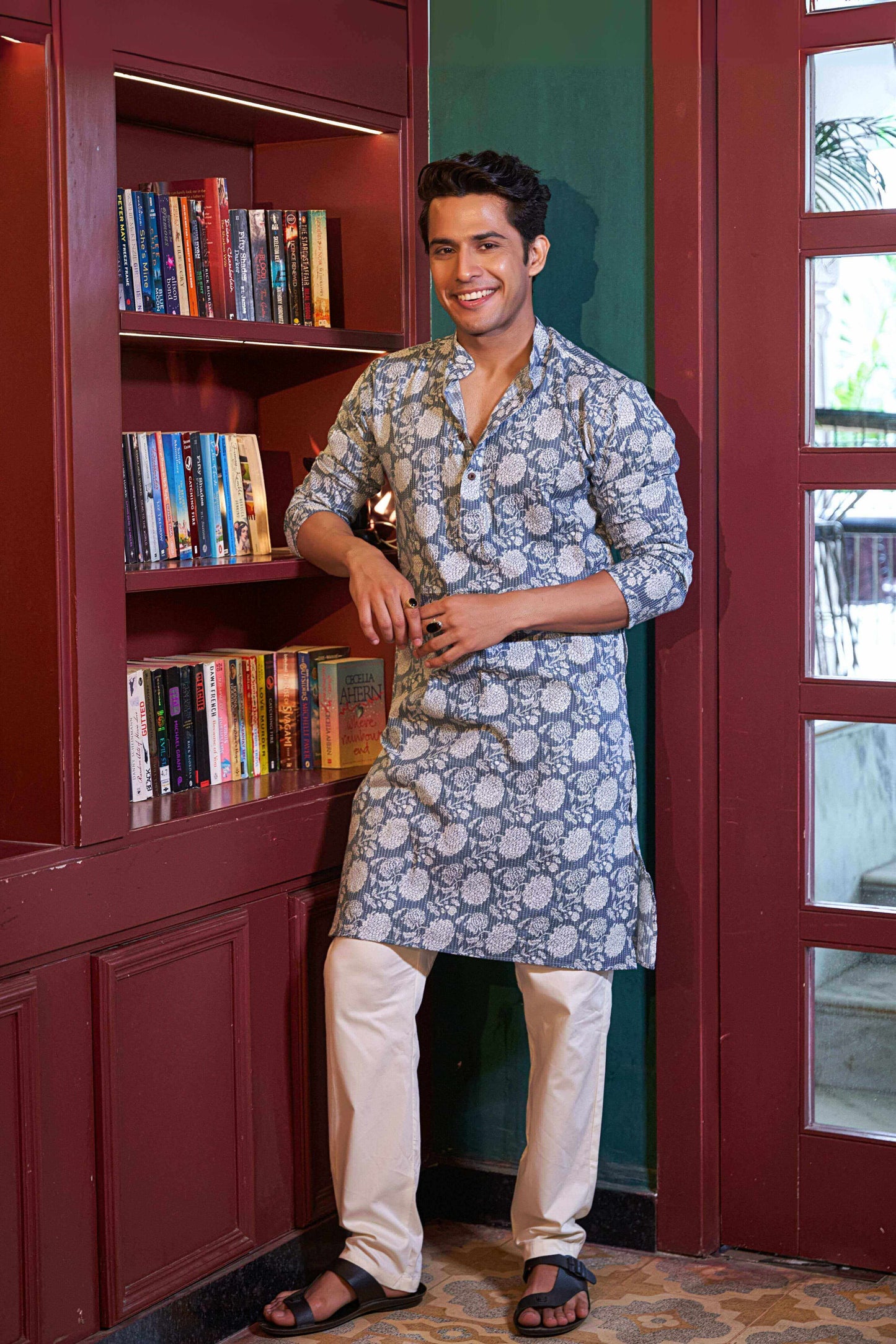 The Ice Blue Kantha Work Long Kurta with Flower Print