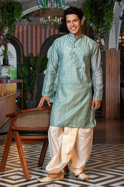 The Tiffany Blue Color Long Kurta with Golden Zari Stripe and Floral Print