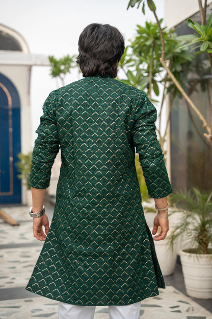 The Dark Green Long Kurta With Gemoetric Embroidery and sequins Work