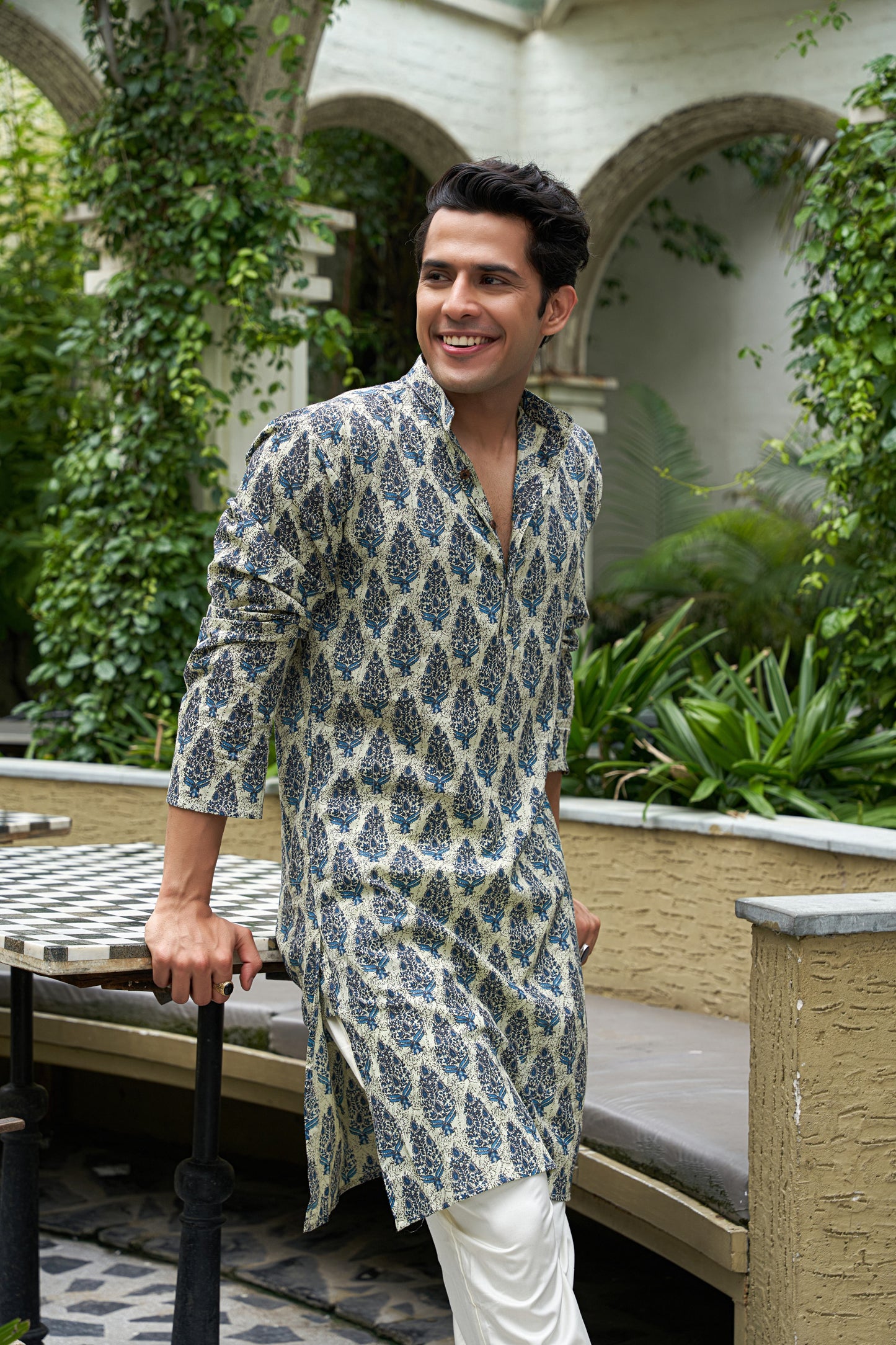 The Aloe Green Long Kurta with Blue Mughal Print