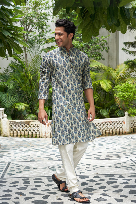 The Aloe Green Long Kurta with Blue Mughal Print