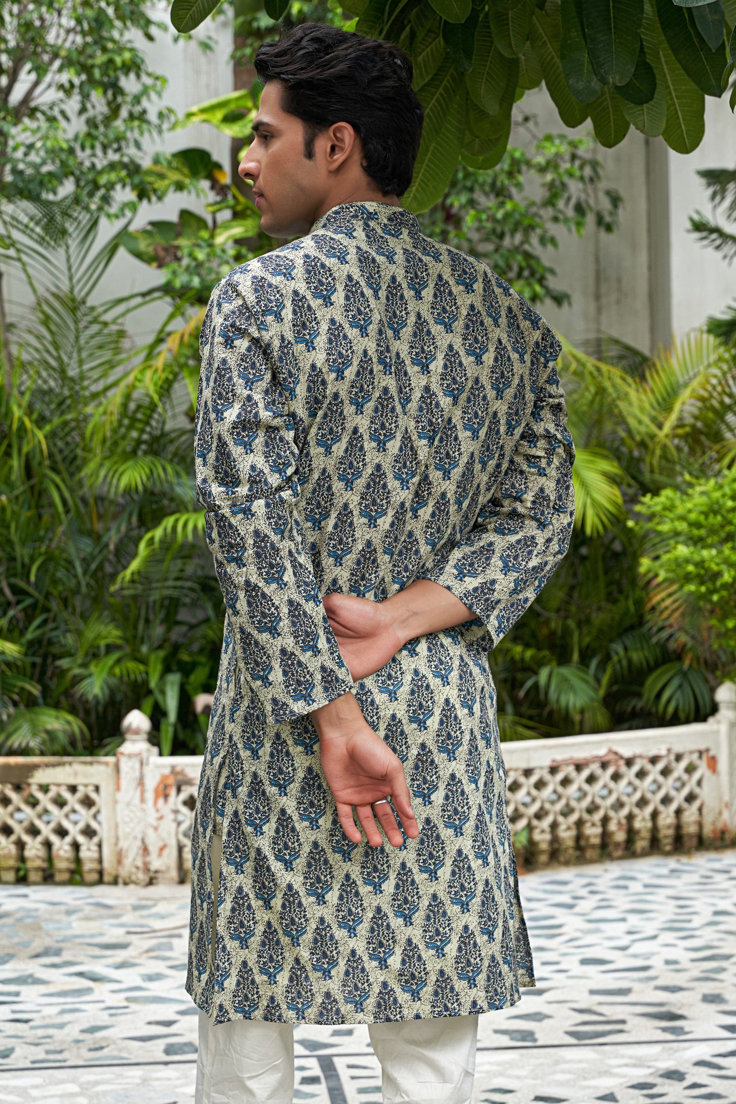 The Aloe Green Long Kurta with Blue Mughal Print