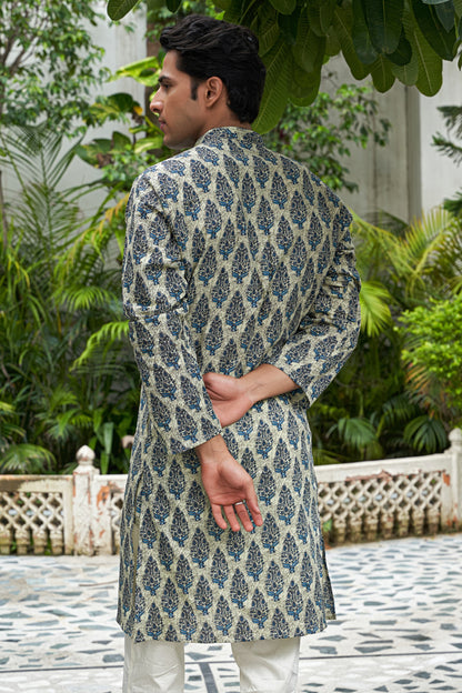 The Aloe Green Long Kurta with Blue Mughal Print