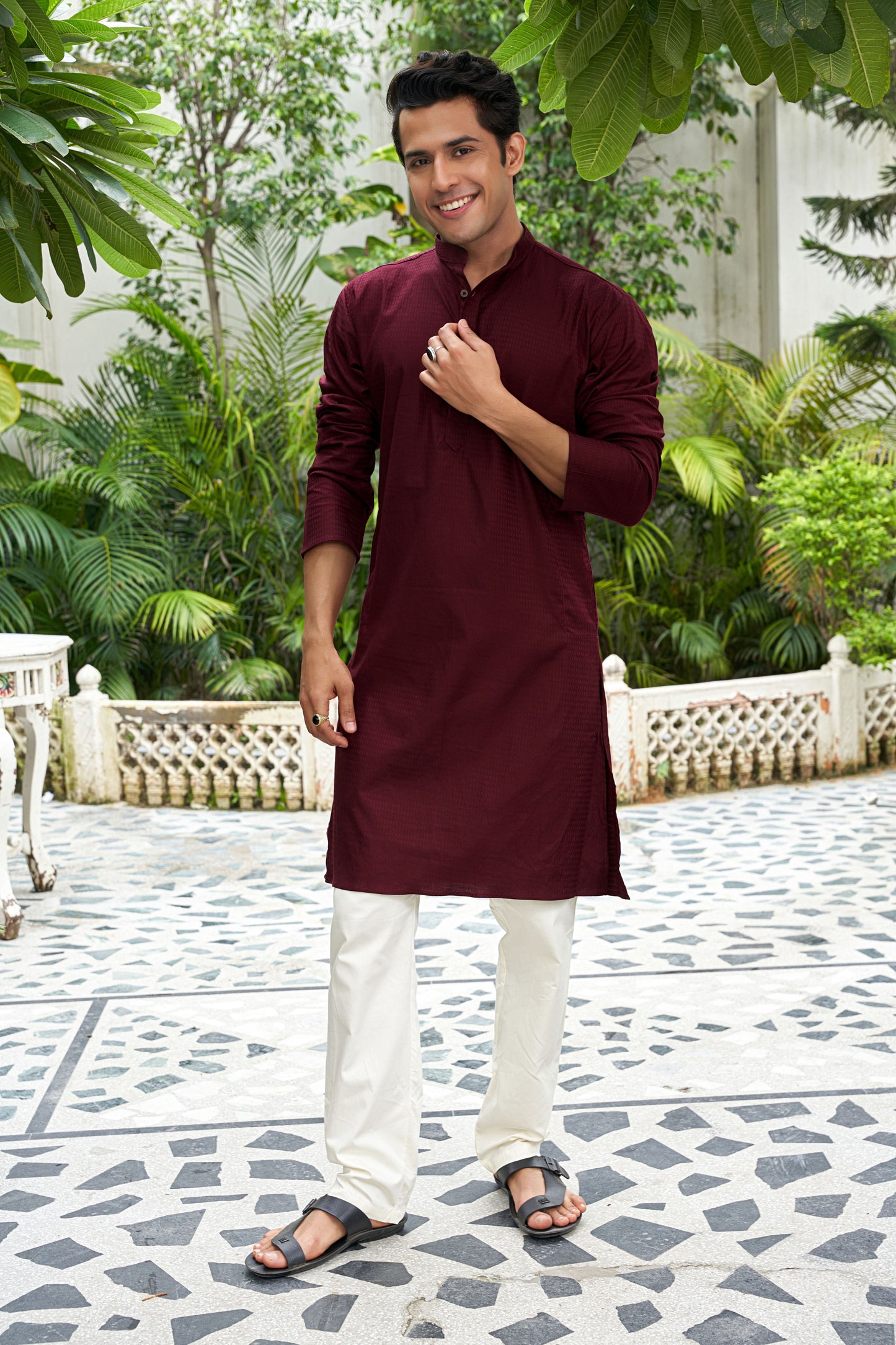 The Maroon Long Kurta with Textured Self-Work