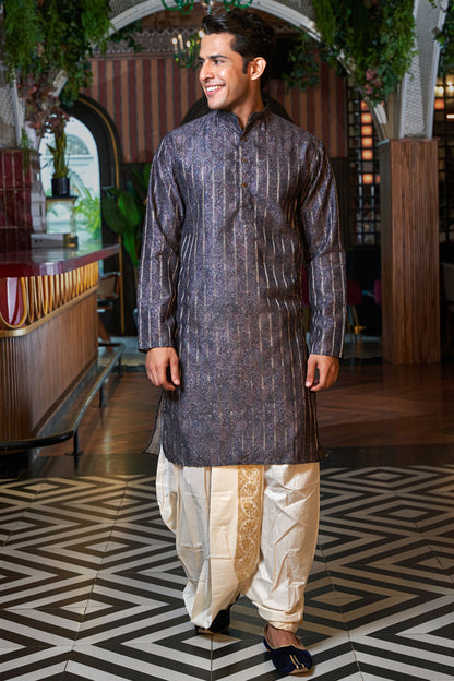 The Plum Purple Color Long Kurta with Golden Zari Stripe and Paisley Print