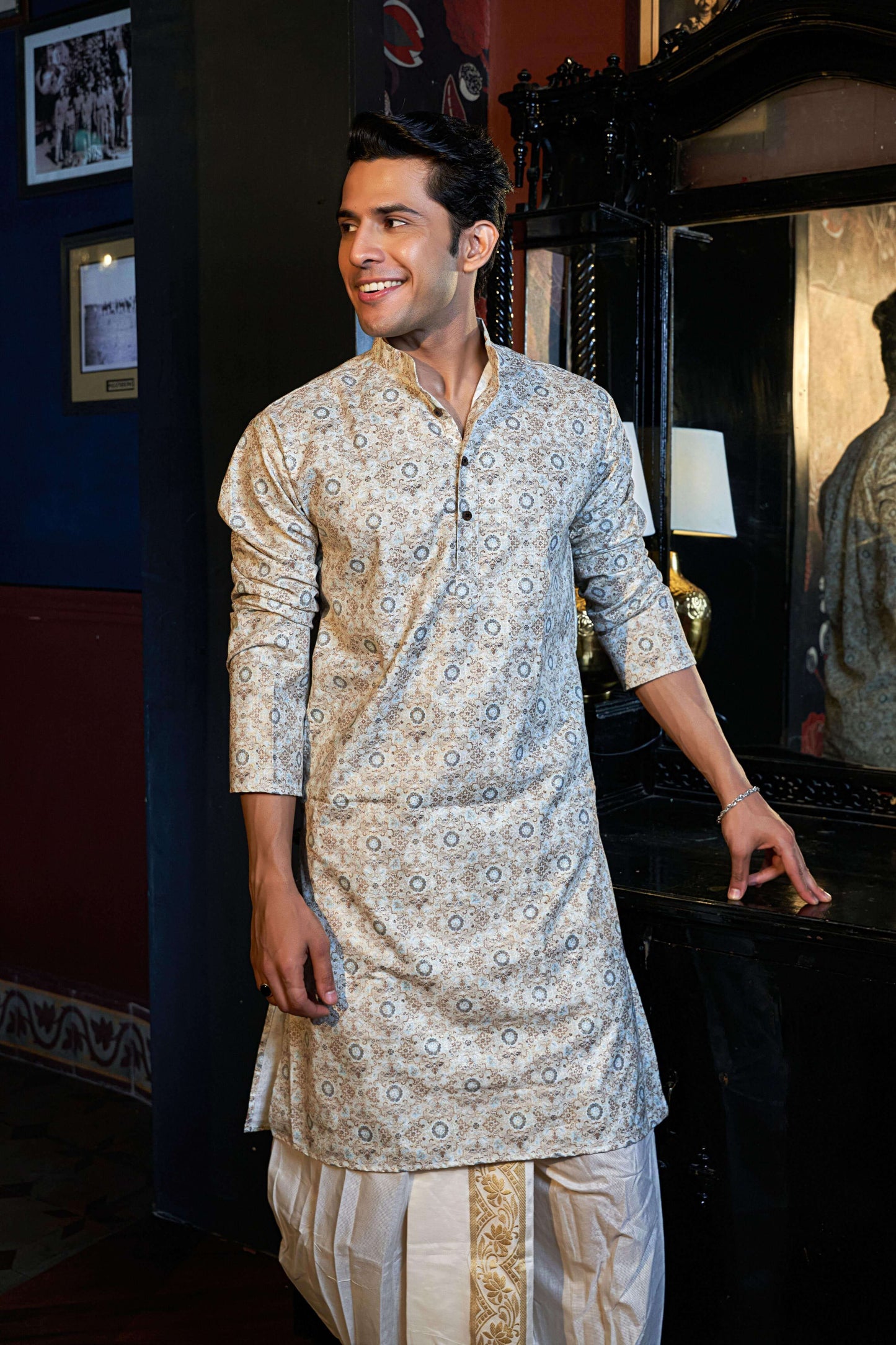 The Mangolia White Long Kurta With Floral Motif Gold Print