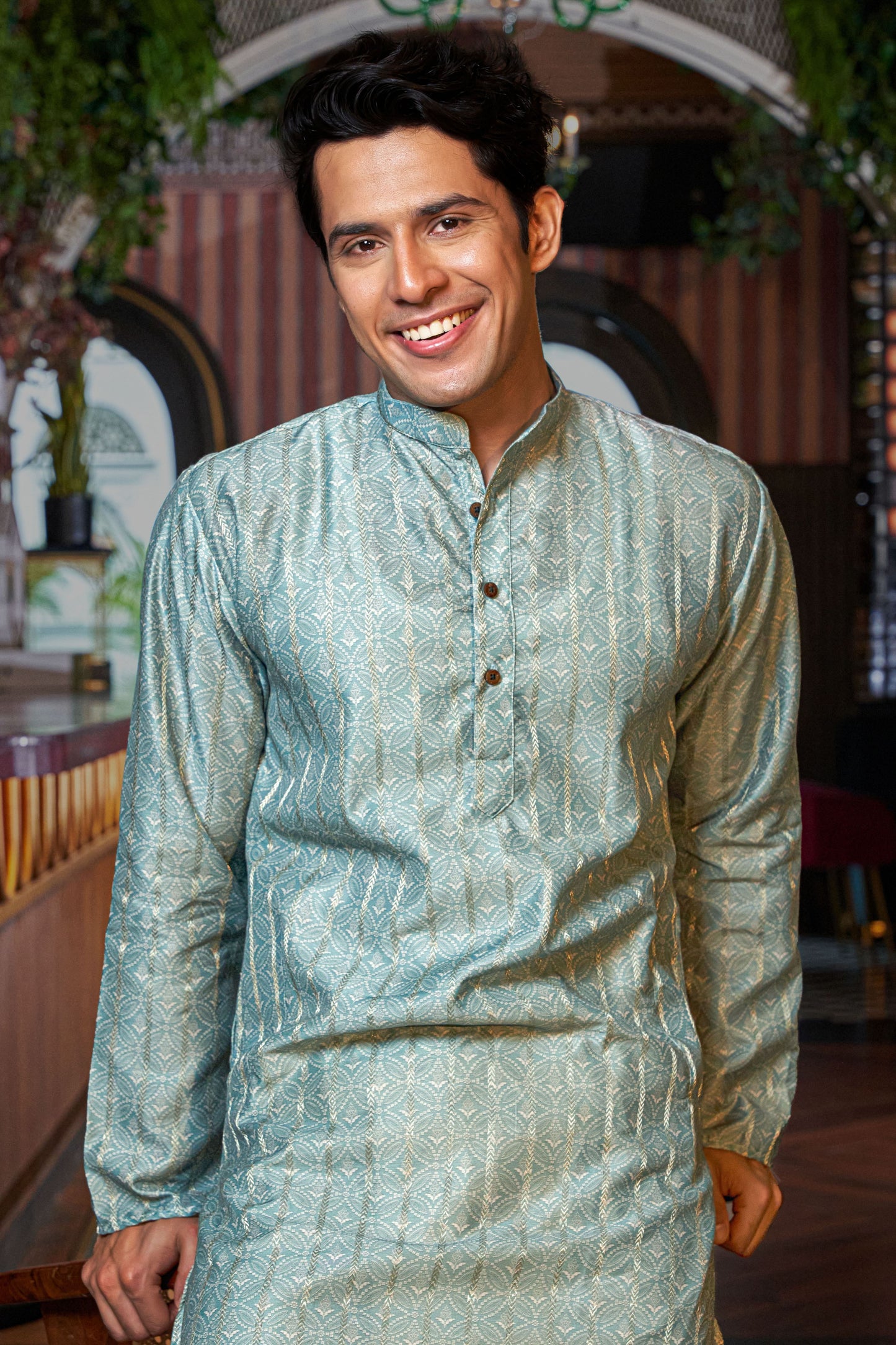 The Tiffany Blue Color Long Kurta with Golden Zari Stripe and Floral Print