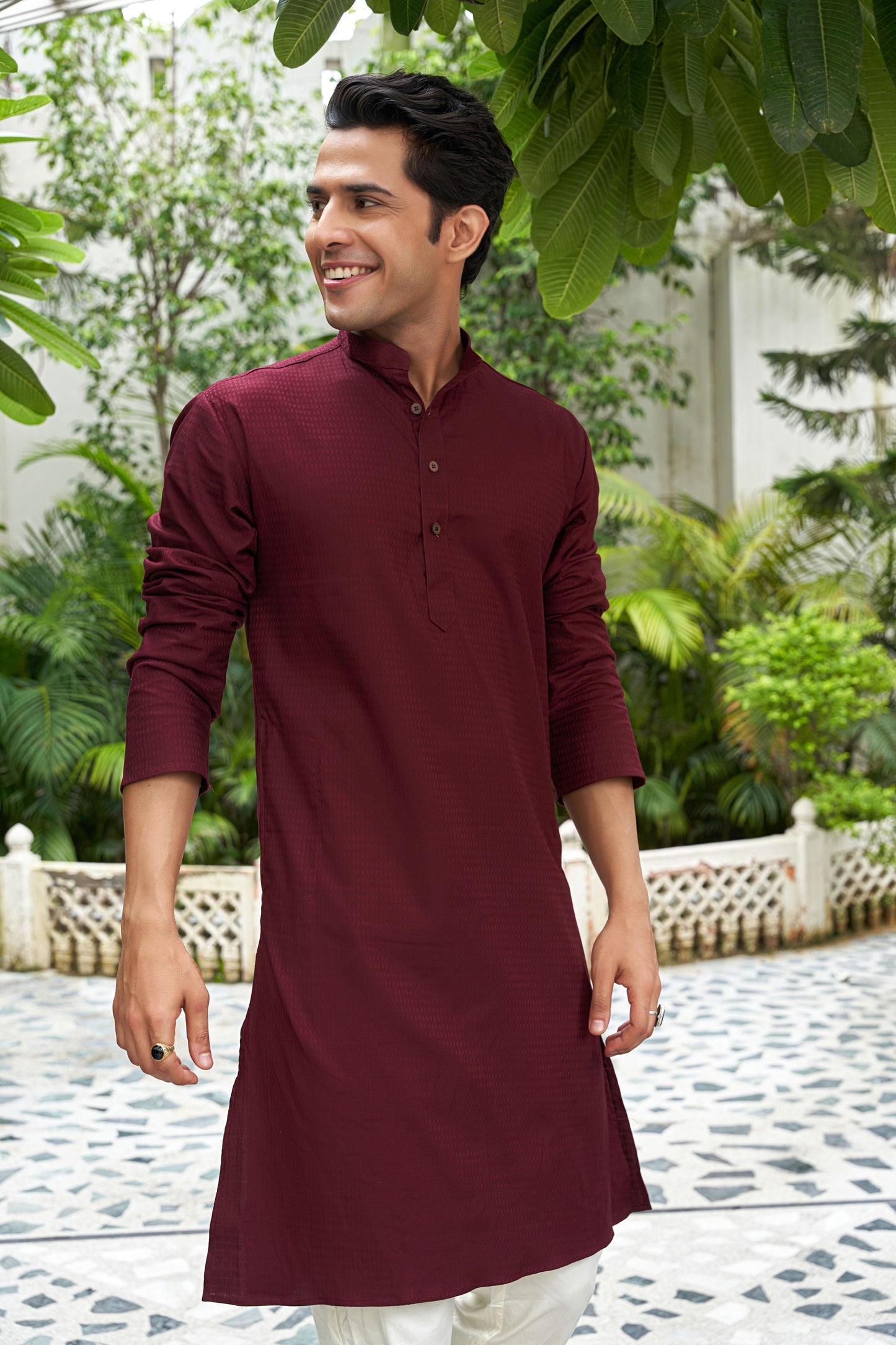 The Maroon Long Kurta with Textured Self-Work