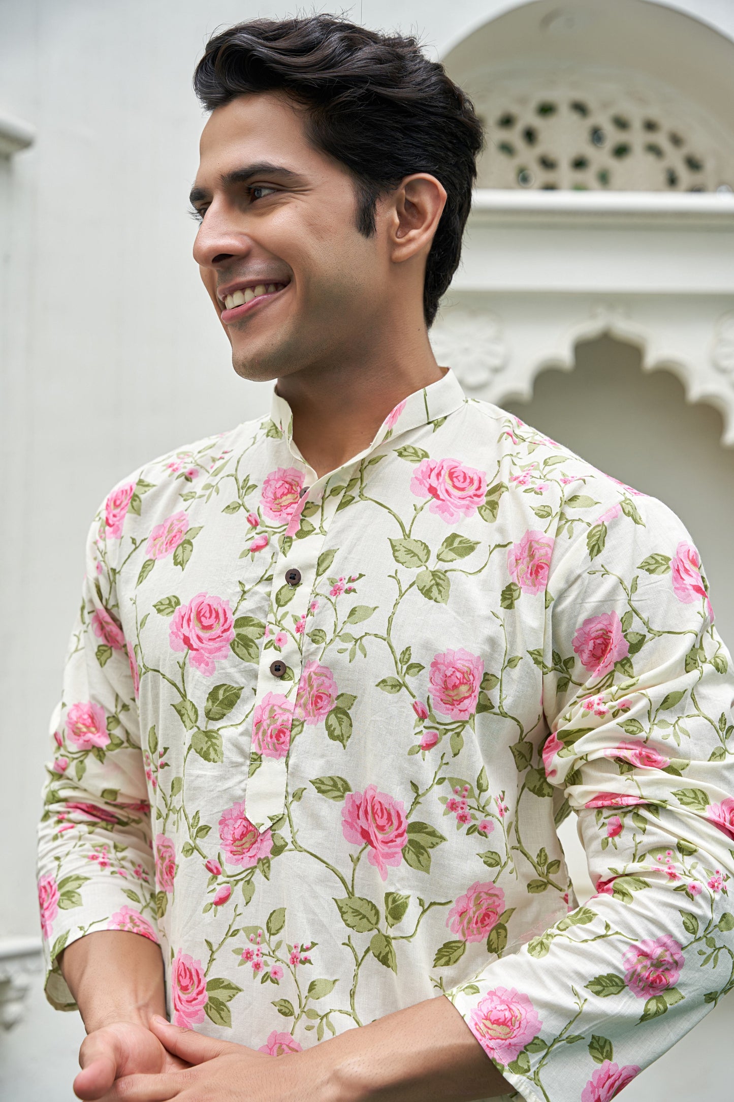 The White Long Kurta With Pink Flower Print