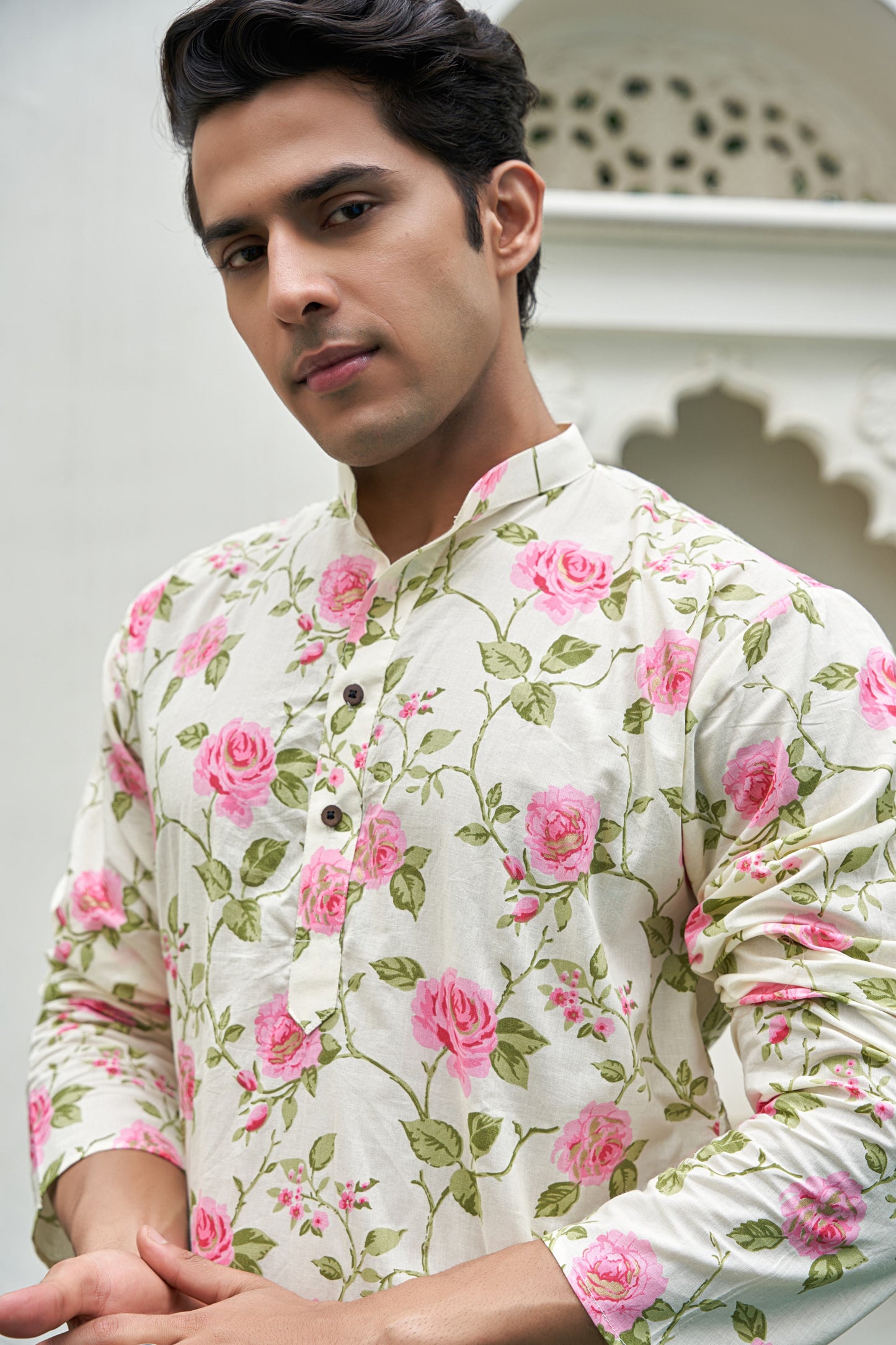 The White Long Kurta With Pink Flower Print