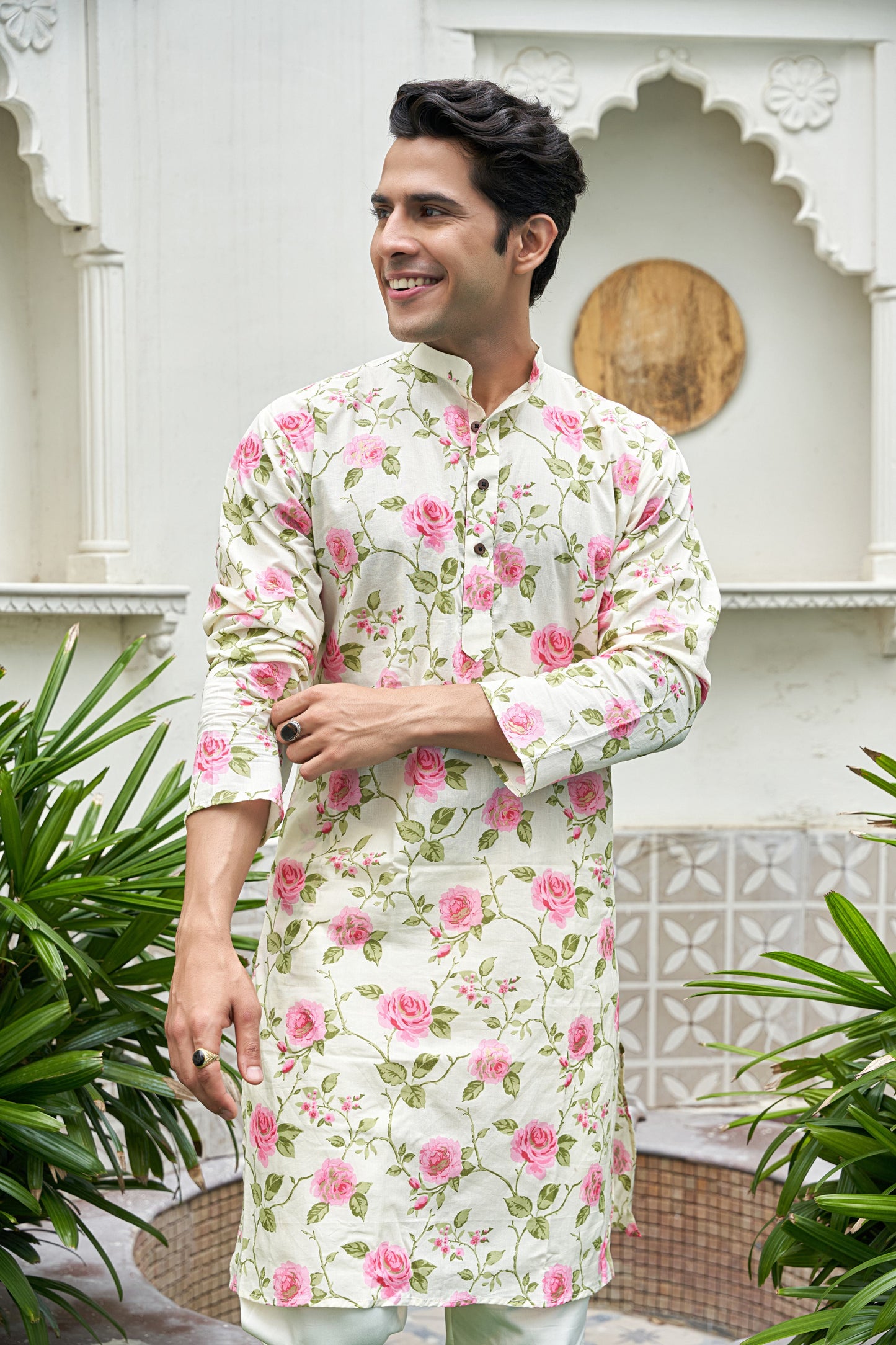 The White Long Kurta With Pink Flower Print