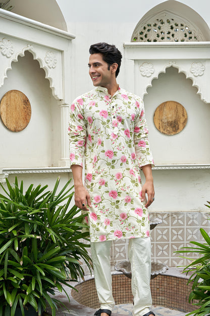 The White Long Kurta With Pink Flower Print