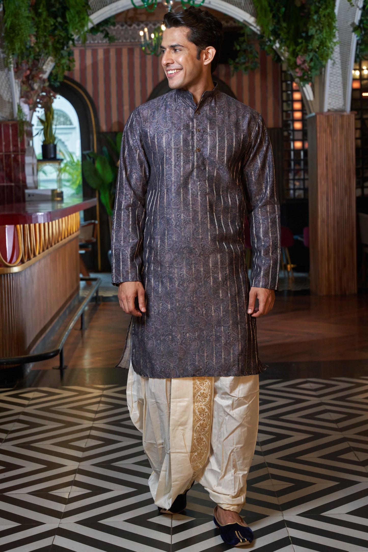 The Plum Purple Color Long Kurta with Golden Zari Stripe and Paisley Print