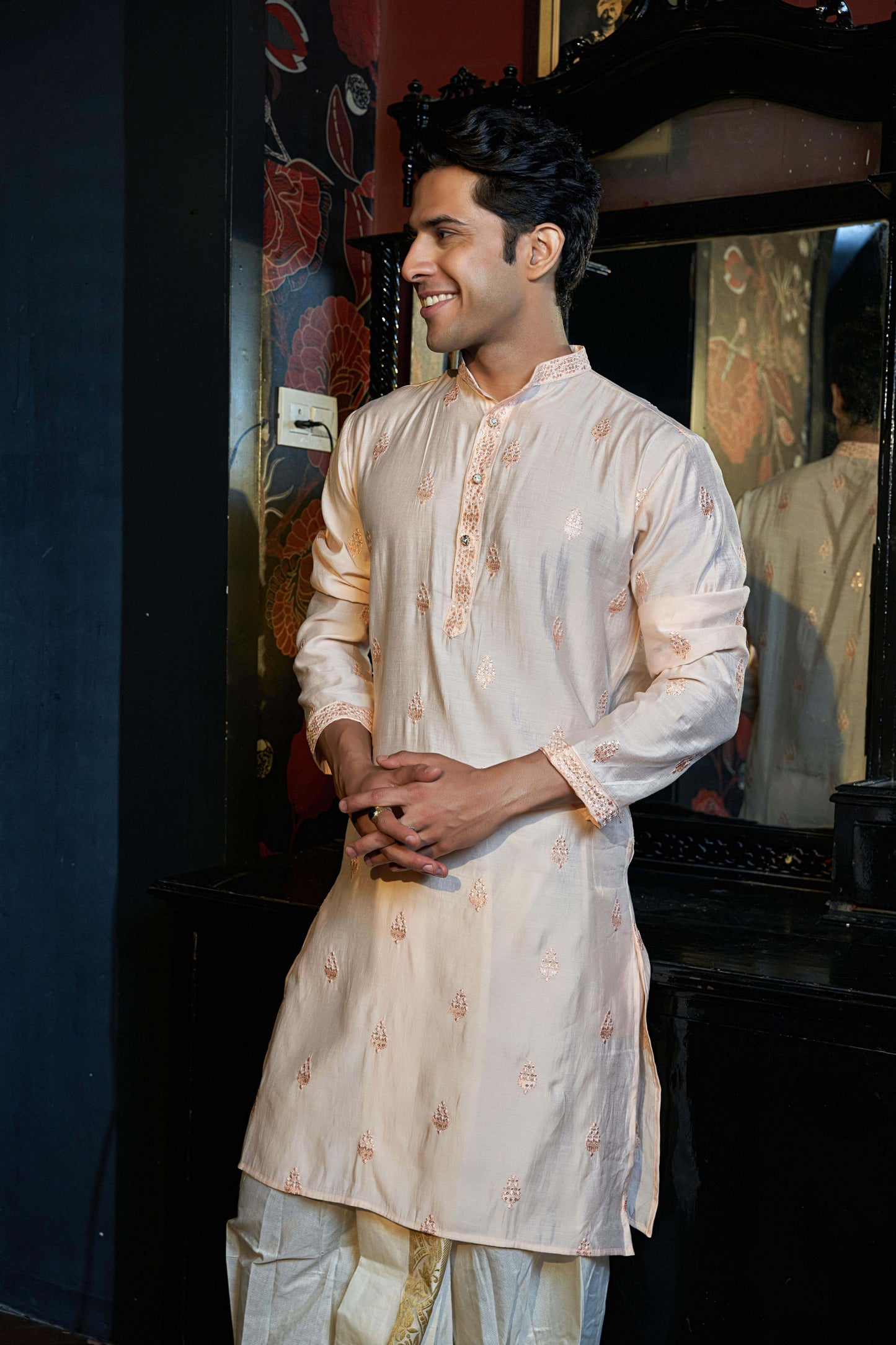 pink kurta for men with embroidery work