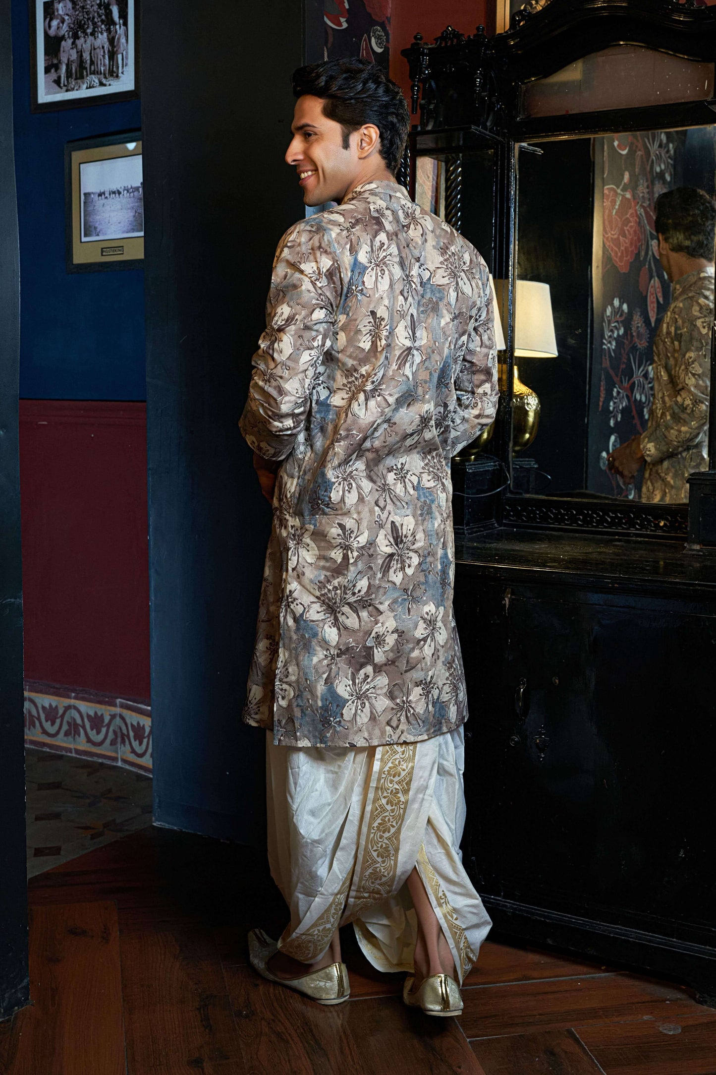 The Warm Grey Long Kurta With All-Over Floral Foil Print