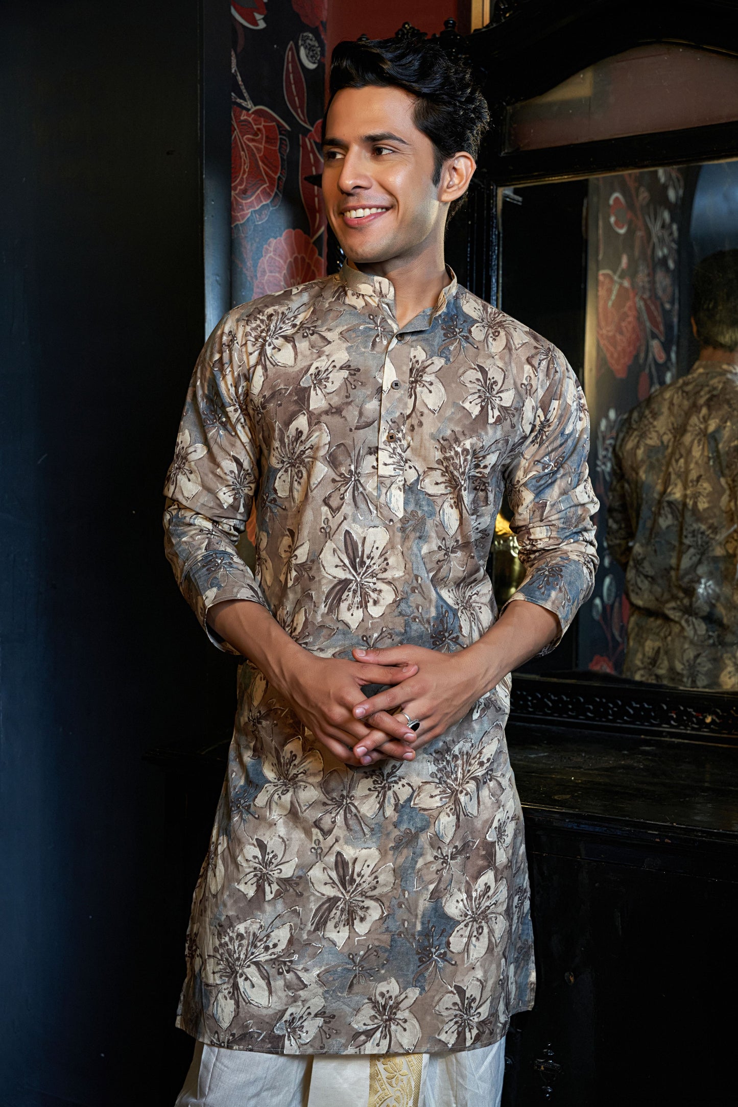 The Warm Grey Long Kurta With All-Over Floral Foil Print