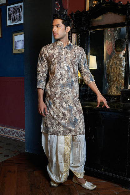 The Warm Grey Long Kurta With All-Over Floral Foil Print