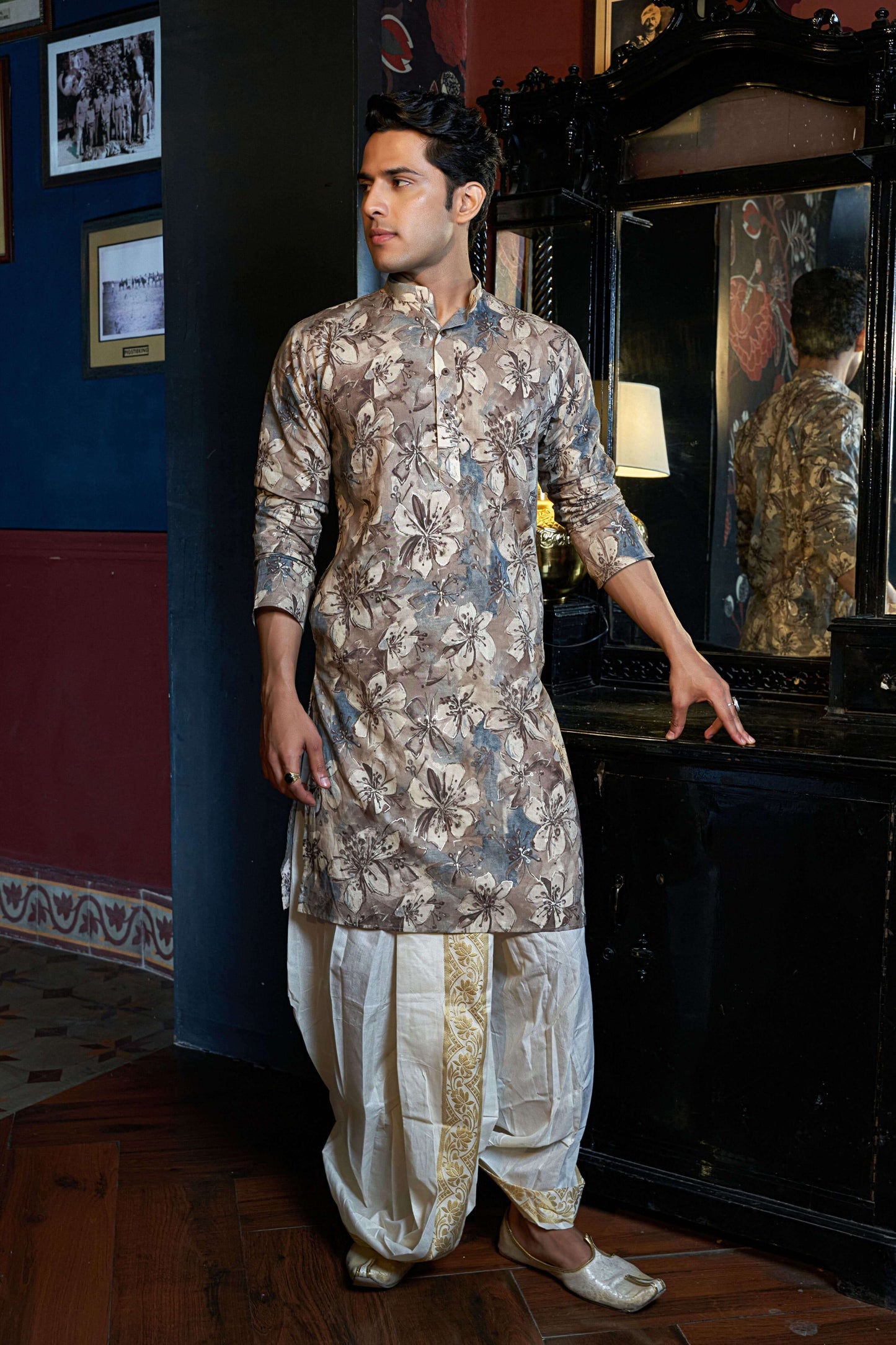 The Warm Grey Long Kurta With All-Over Floral Foil Print