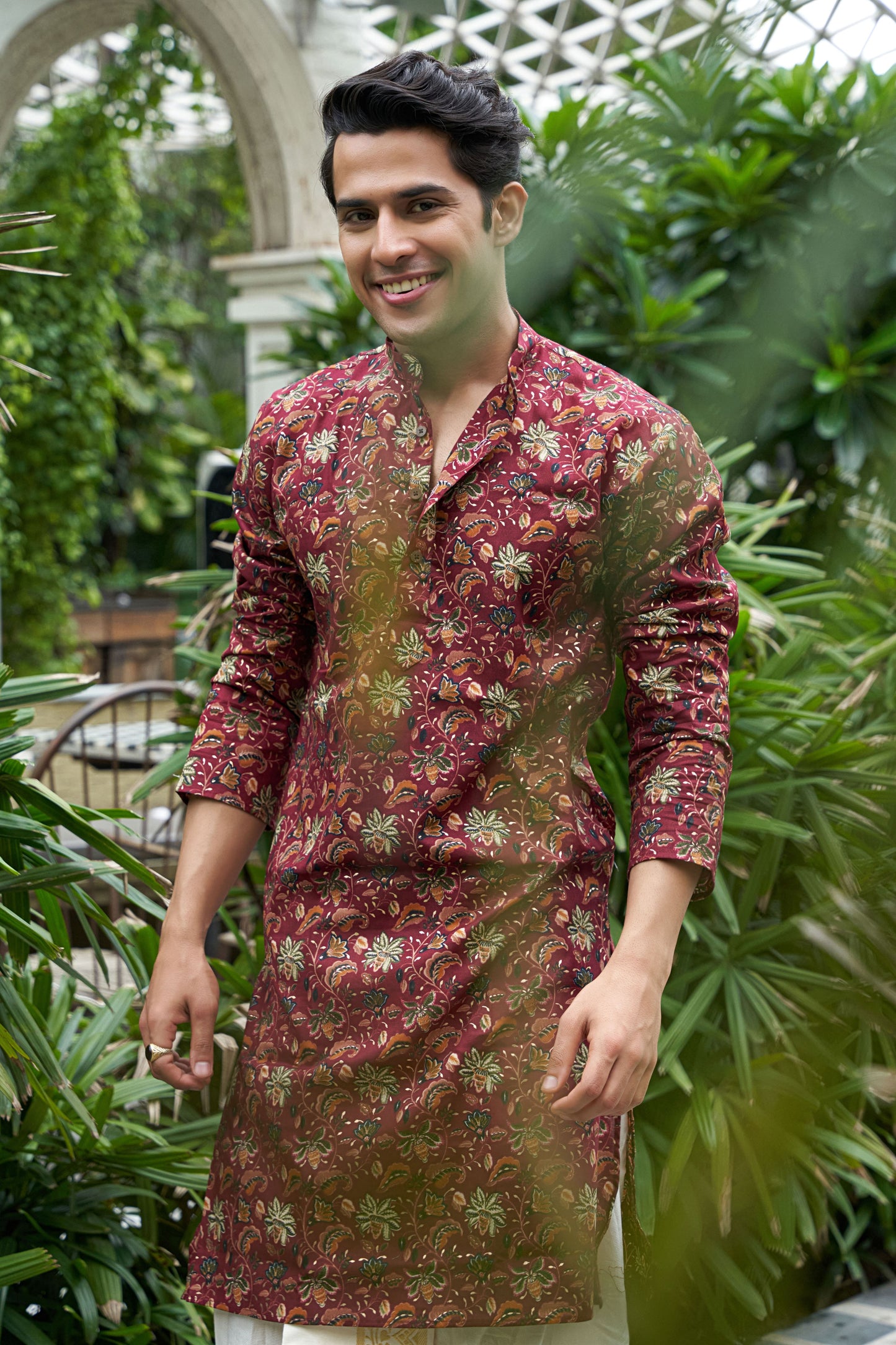 The Burgundy Color Foil Work Long Kurta with Floral Print