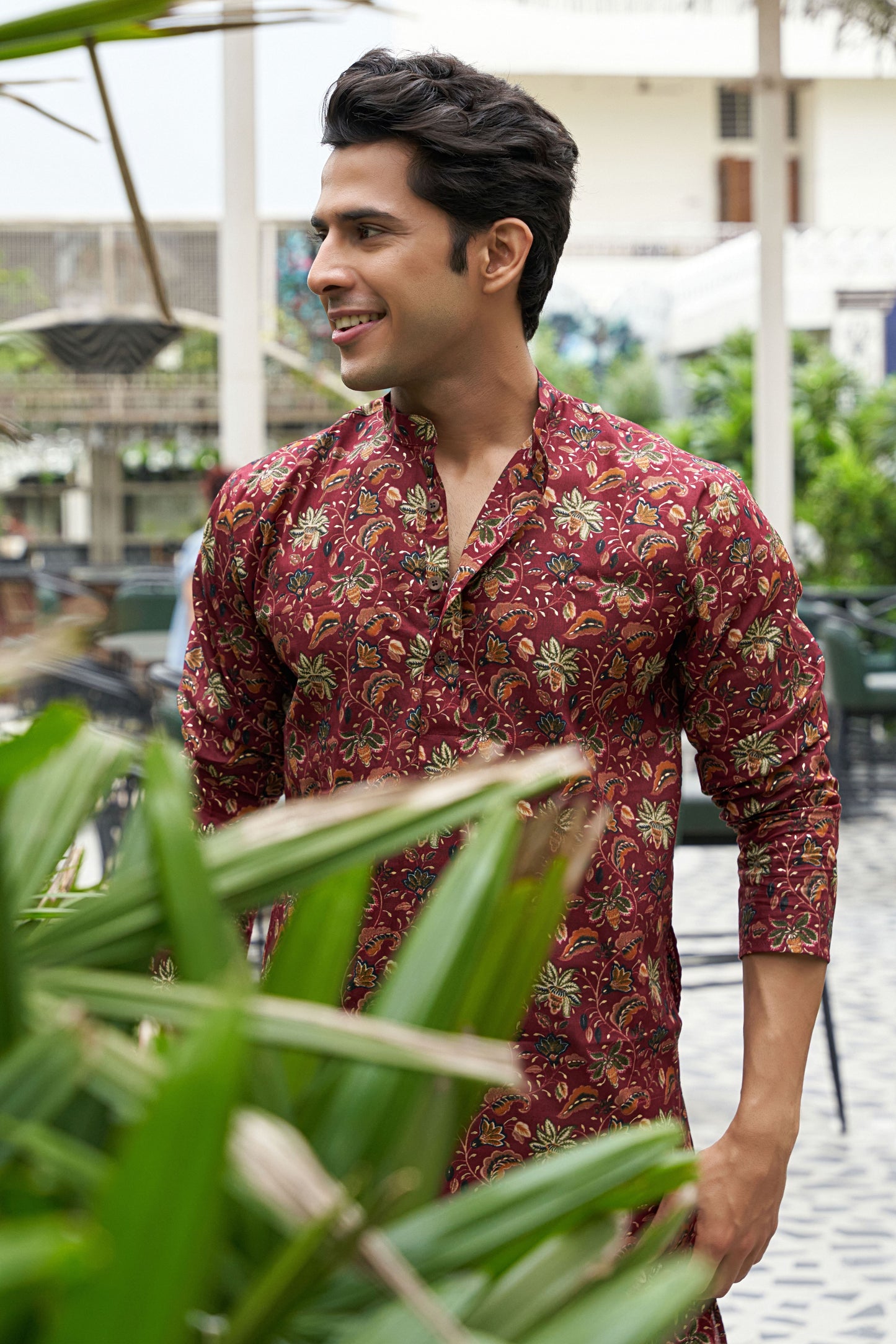 The Burgundy Color Foil Work Long Kurta with Floral Print