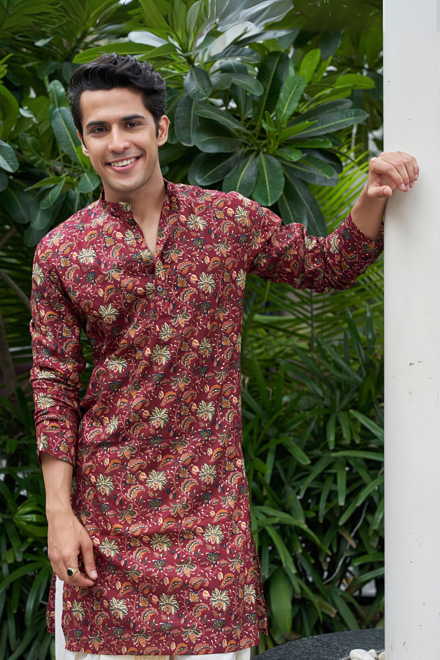 The Burgundy Color Foil Work Long Kurta with Floral Print