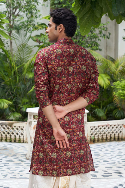 The Burgundy Color Foil Work Long Kurta with Floral Print