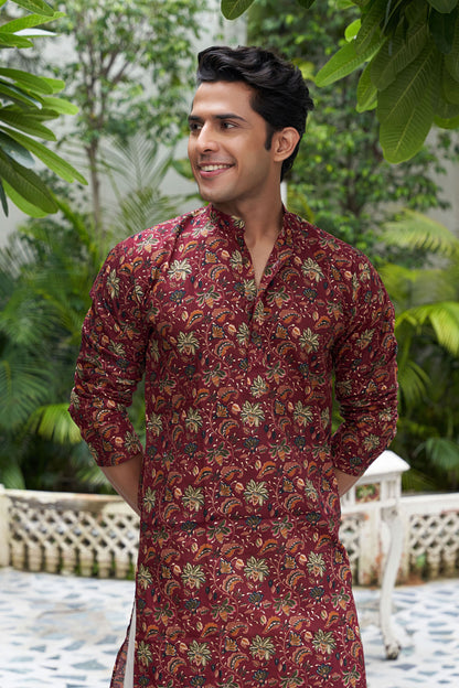 The Burgundy Color Foil Work Long Kurta with Floral Print