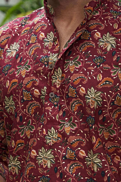 The Burgundy Color Foil Work Long Kurta with Floral Print