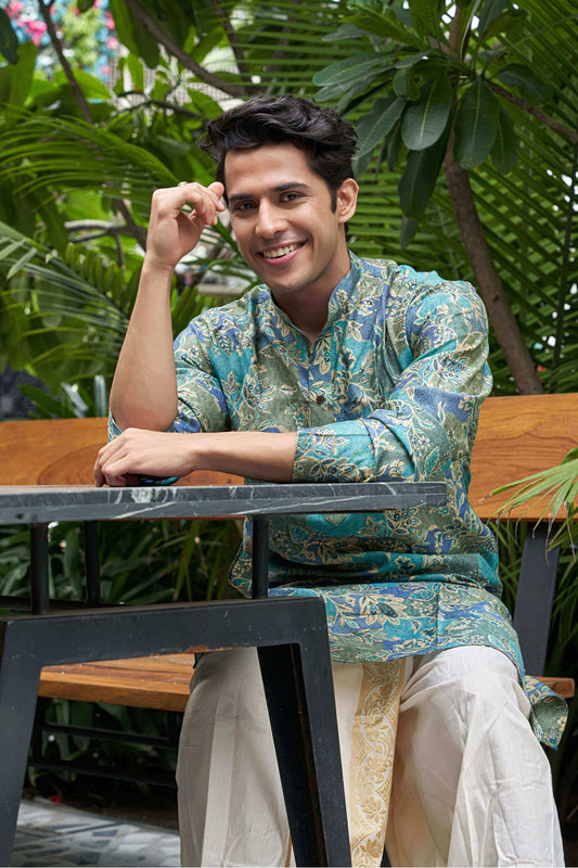 The Sprint Green and Blue Long Kurta With Floral Foil Print