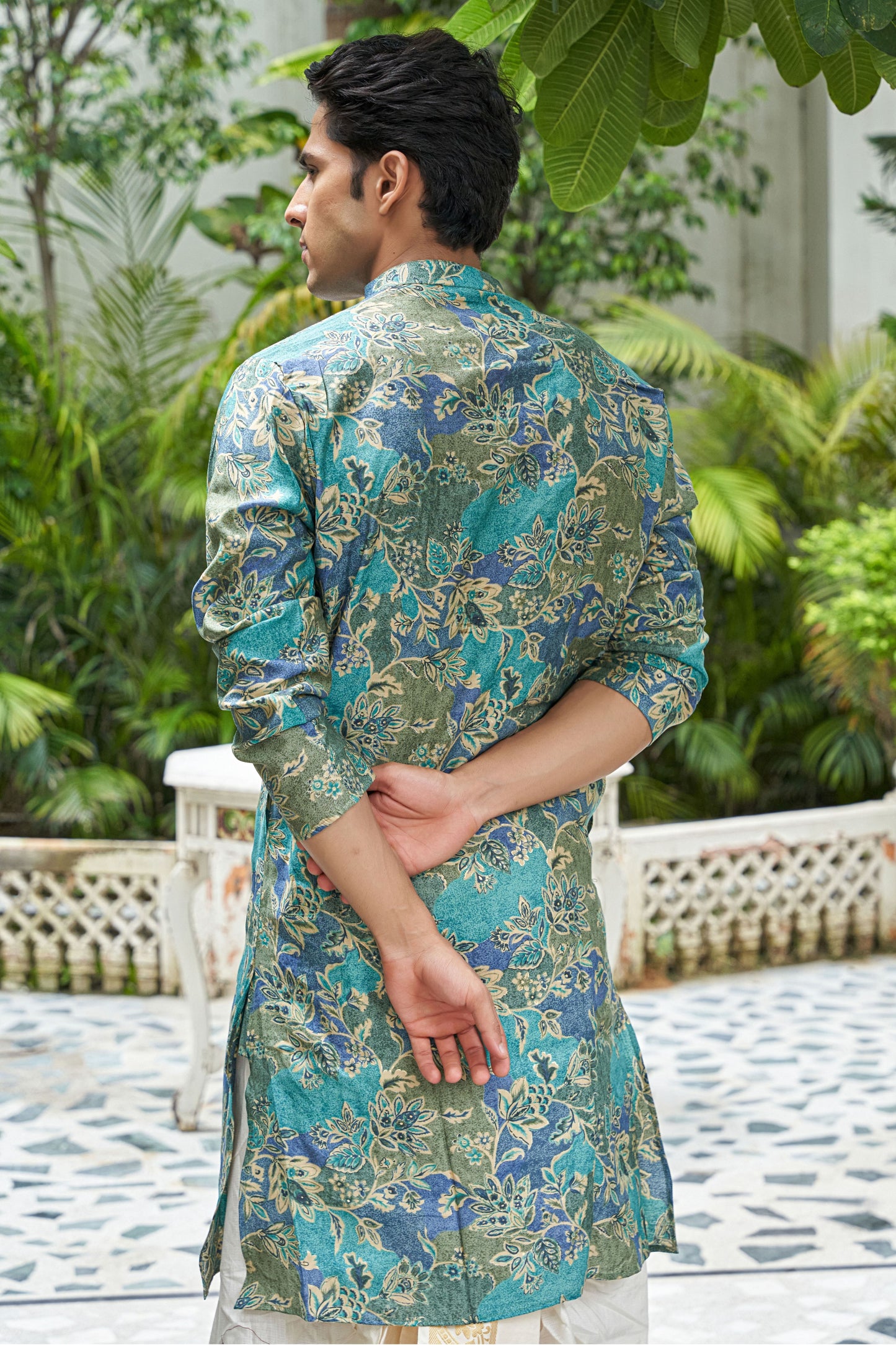 The Sprint Green and Blue Long Kurta With Floral Foil Print