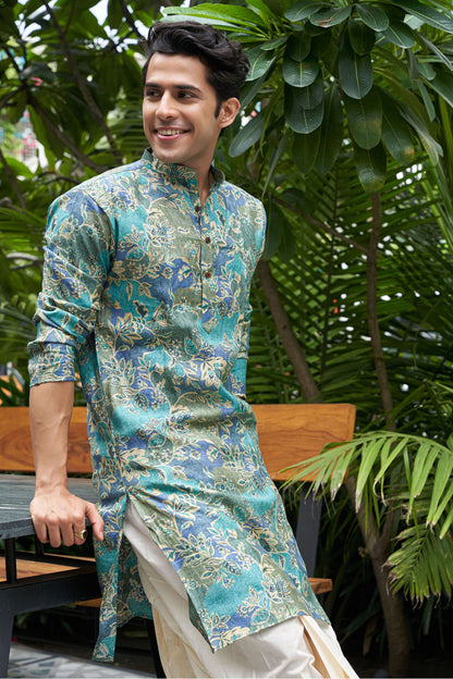 The Sprint Green and Blue Long Kurta With Floral Foil Print