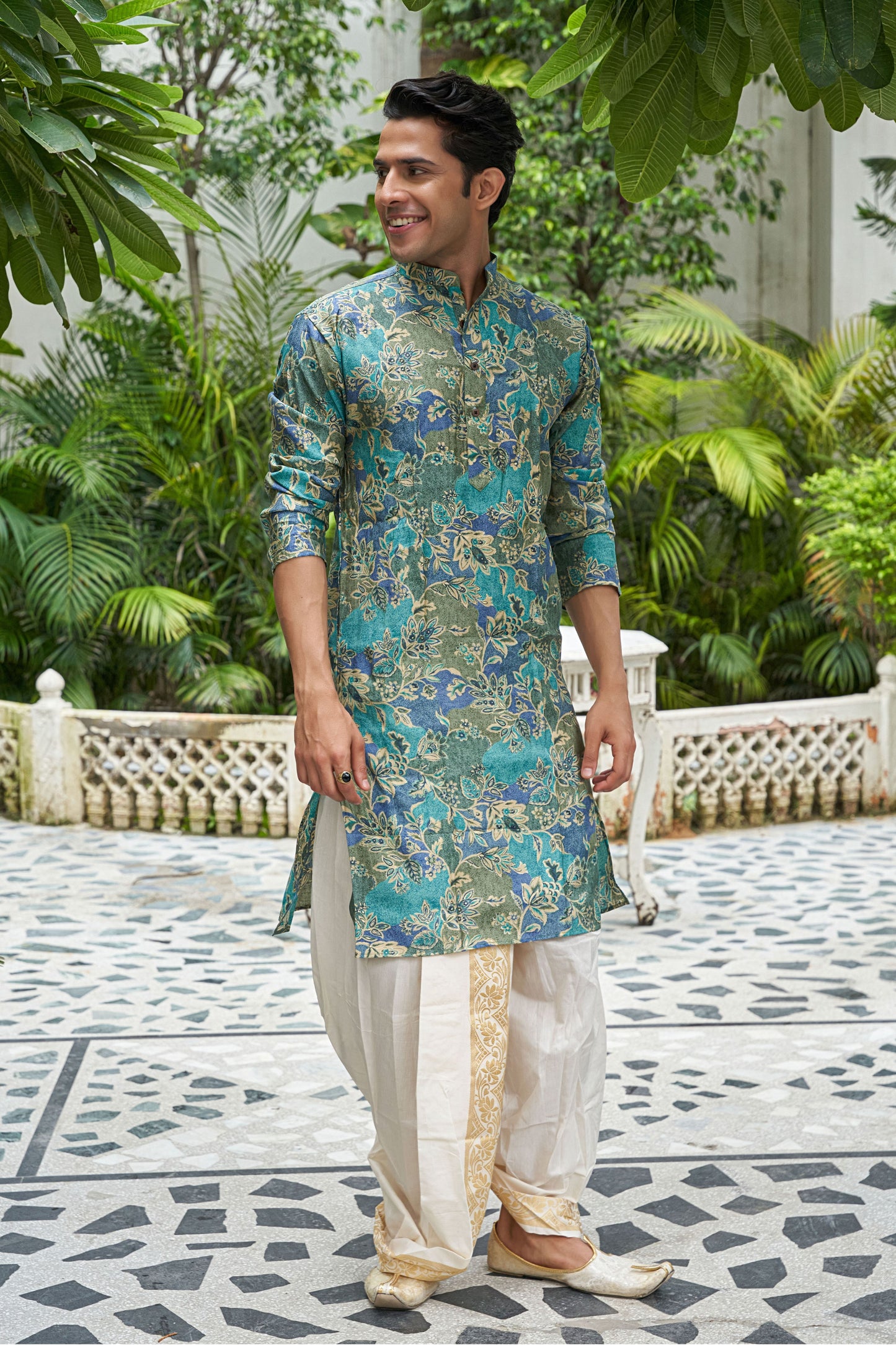 The Sprint Green and Blue Long Kurta With Floral Foil Print