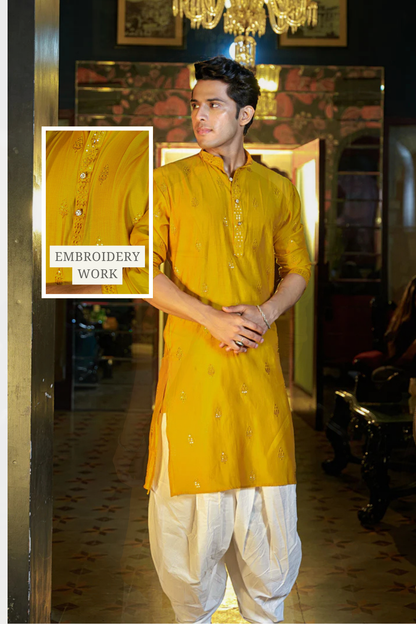 The Honey Yellow Long Kurta With Stripe Thread and Sequins Work