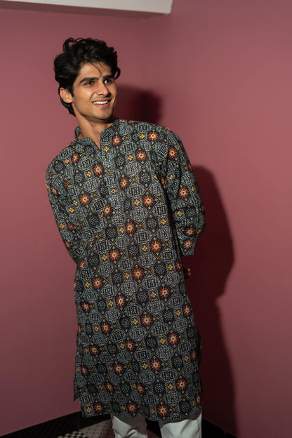 The Black And White Kantha Work Long Kurta With Tribal Print