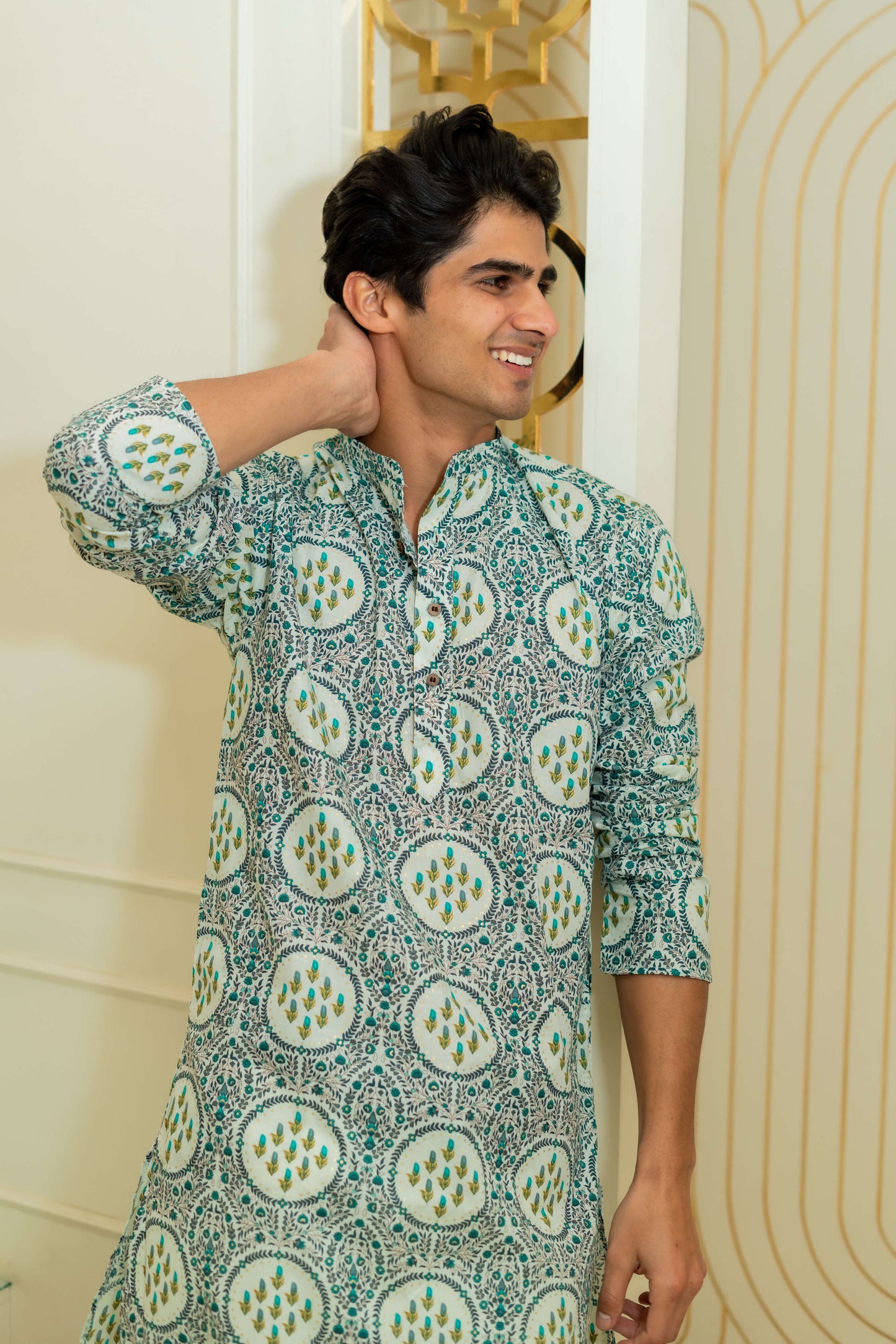 The White Long Kurta With Green Floral Geometric Foil Print