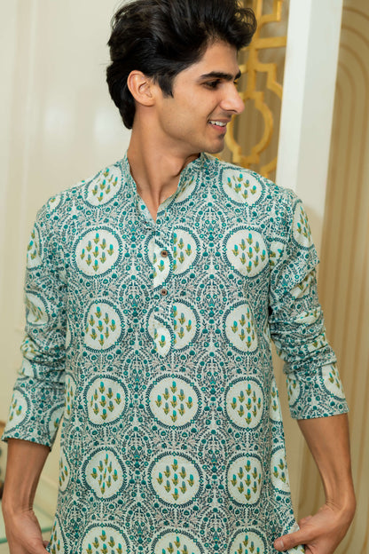 The White Long Kurta With Green Floral Geometric Foil Print