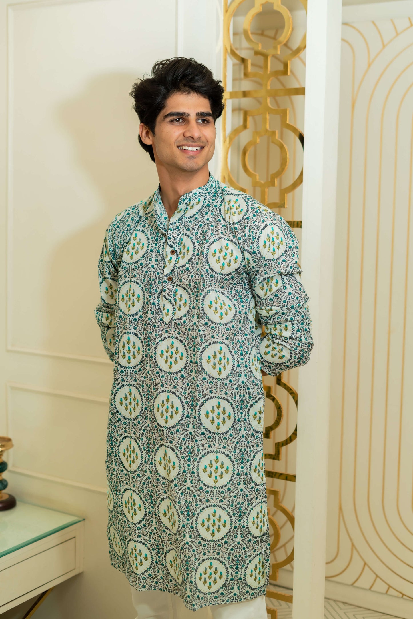 The White Long Kurta With Green Floral Geometric Foil Print