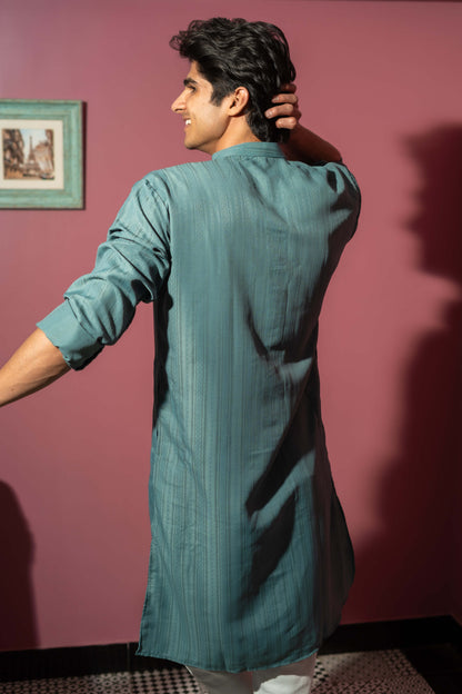 The Emerald Green Self Work Long Kurta