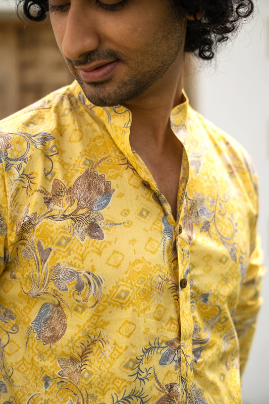 The Muslin Bright Yellow All-Over Floral Foil Print Long Kurta