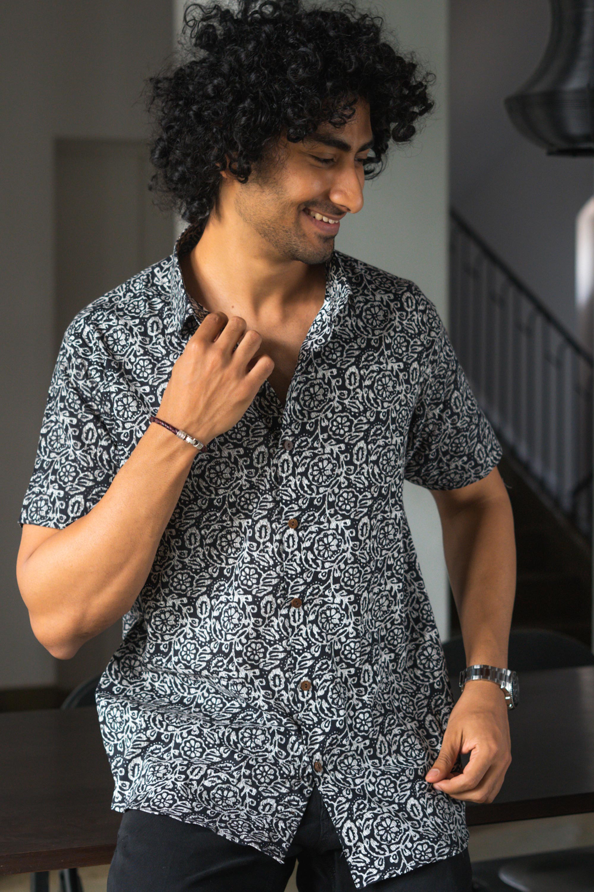 Black and white outlet floral mens shirt