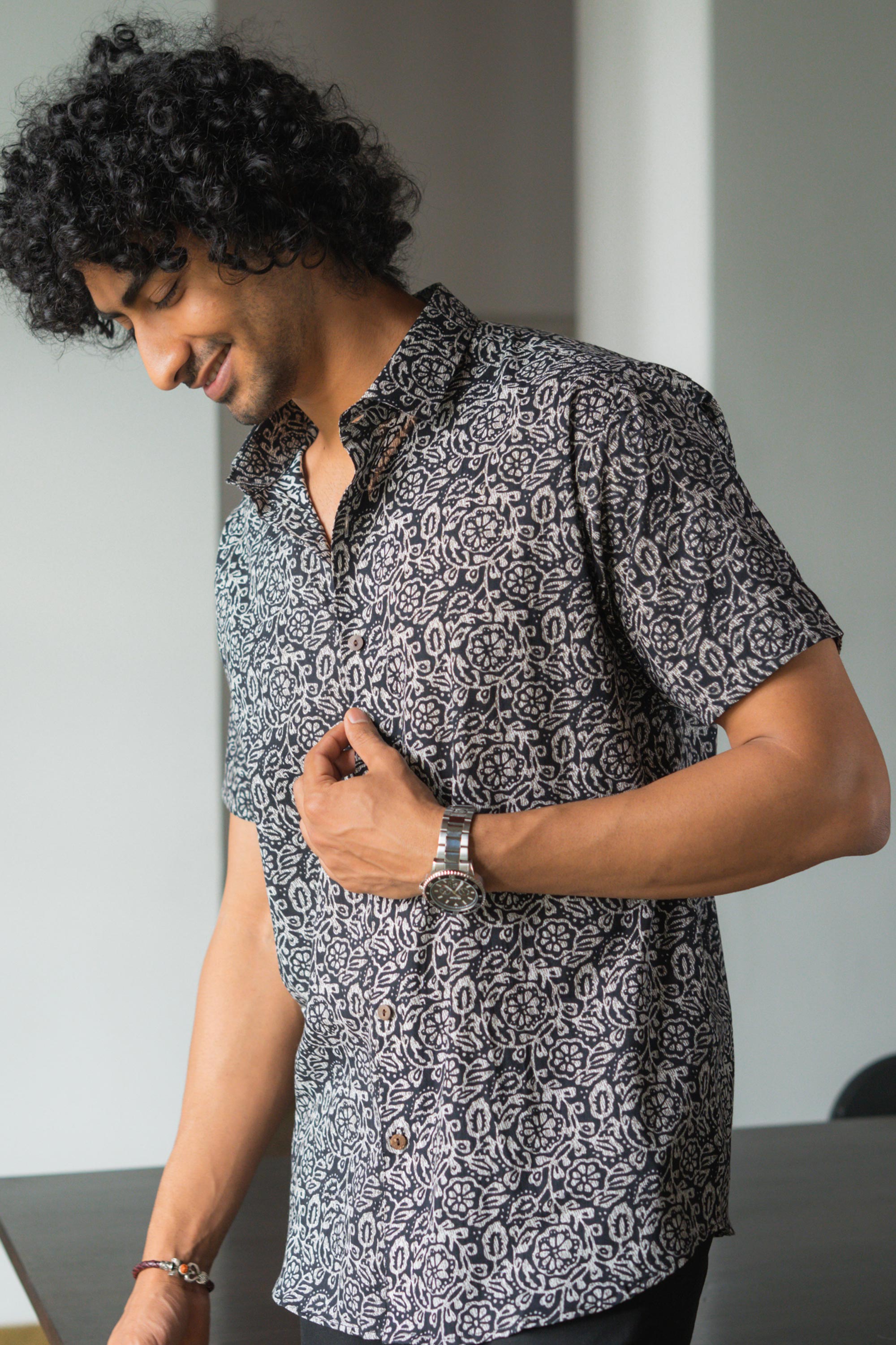 The Black And Brown All Over Floral Print Shirt Half Sleeves